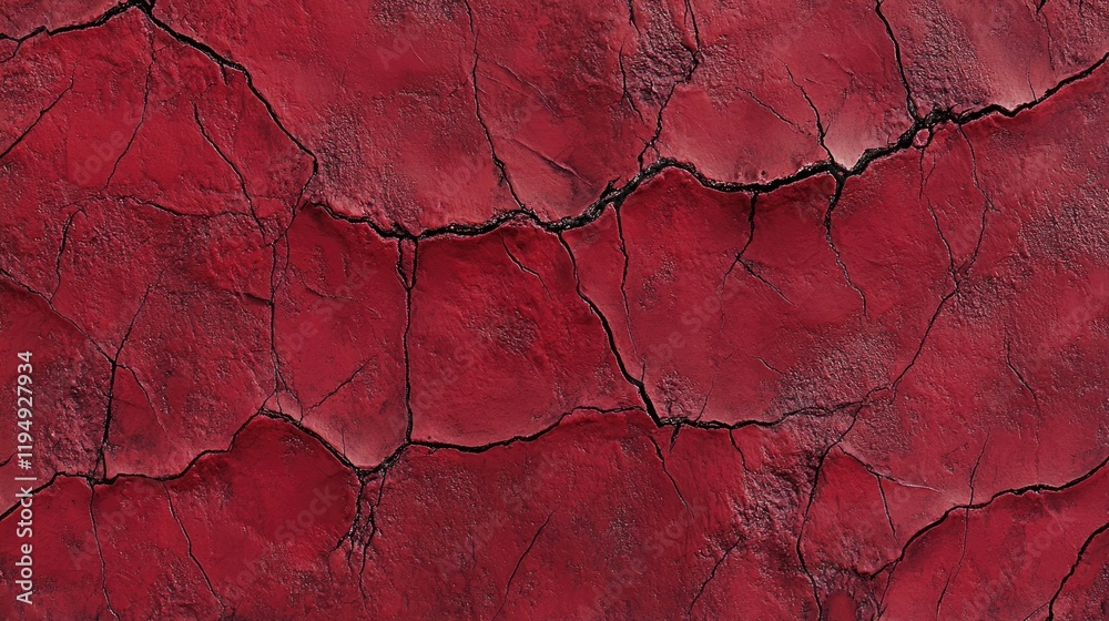Fototapeta premium A weathered red cracked wall texture, featuring deep lines and worn details, perfect for adding depth and contrast to design work.