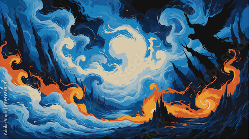 Fiery surreal landscape with swirling dark silhouettes.