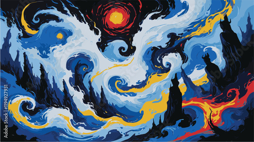 Fiery surreal landscape with swirling dark silhouettes.