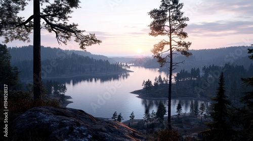Serene lake view at sunrise surrounded by trees and mountains.
