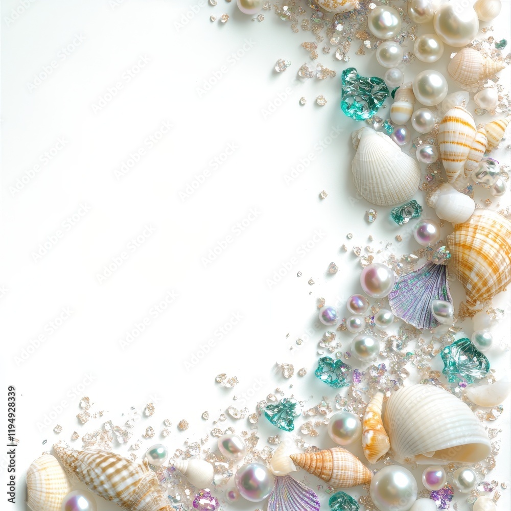 Obraz premium Mermaid Treasures Shimmering Pearls and Shells Coastal Beach Decorative Art Bright Seascape Aesthetic Concept