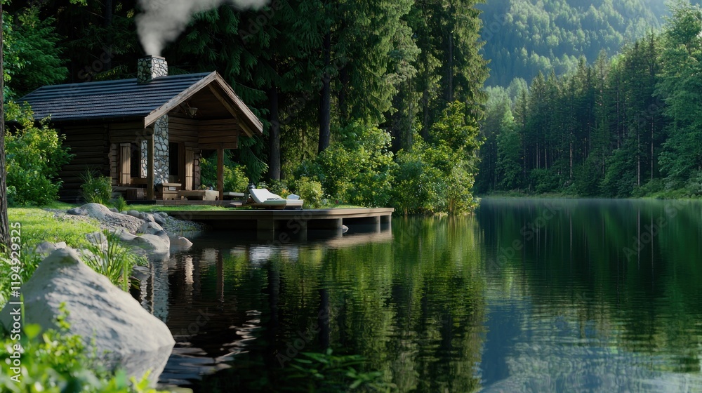 Fototapeta premium Secluded lakeside cabin in the woods