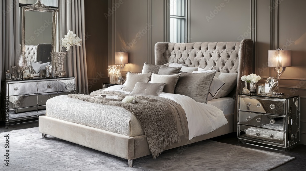 Fototapeta premium Velvet upholstered bed and mirrored side tables in a glamorous bedroom, bathed in soft lighting, creating a luxurious, hotel-like ambiance