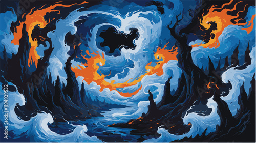 Fiery surreal landscape with swirling dark silhouettes.