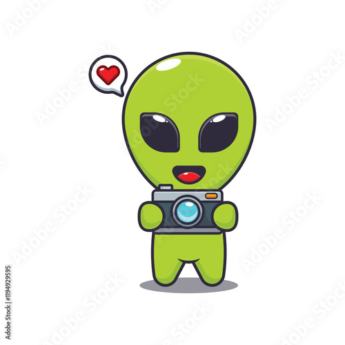 alien with camera. mascot cartoon character vector illustration.