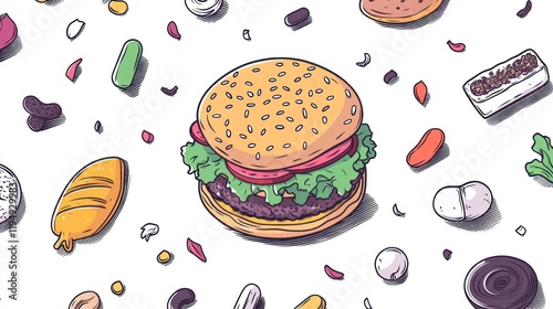 Cartoon burger surrounded by food illustration photo