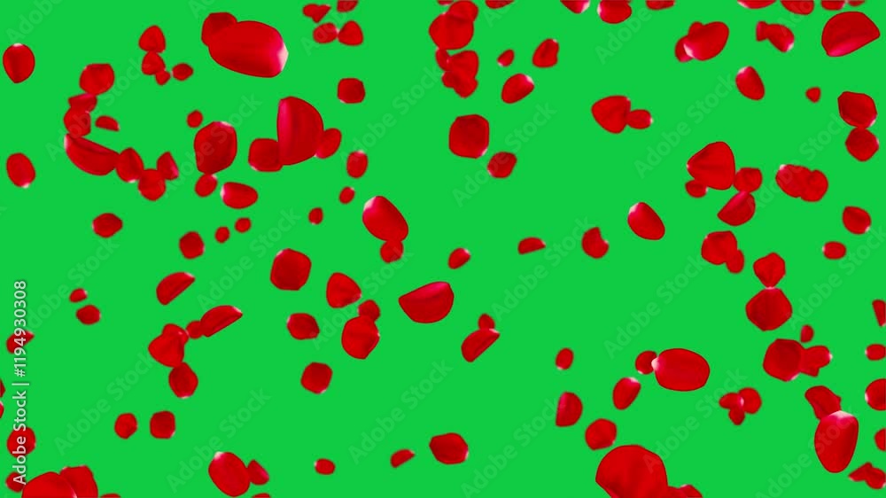 realistic red rose petals falling on green screen animation, romantic ...