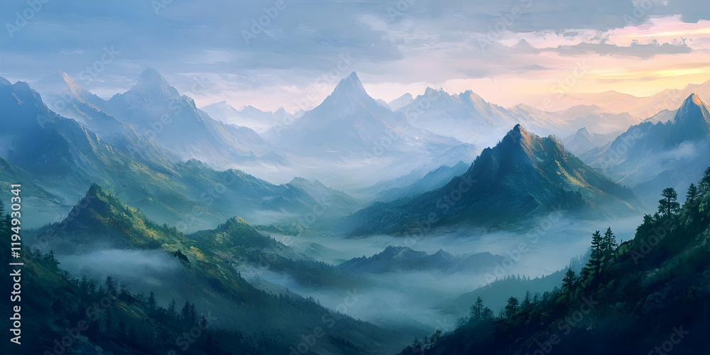 Mountain range enveloped in mist at dawn, with soft light highlighting the pristine beauty and tranquility of the landscape Mountain range enveloped in mist at dawn, with soft light highlighting the pristine beauty and tranquility of the landscape