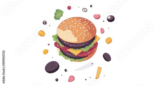 Colorful cartoon hamburger with ingredients flying around, for food illustration or print photo