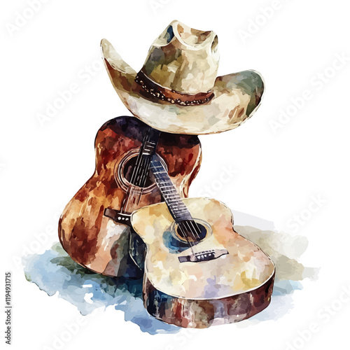 A watercolor of a cowboy singing country music, isolated on a white background. Country music vector.
