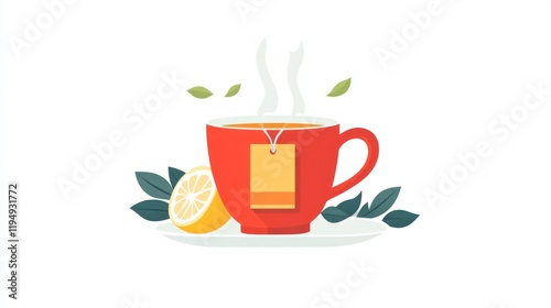 Red teacup with lemon and teabag, steaming drink,  illustration, simple design photo