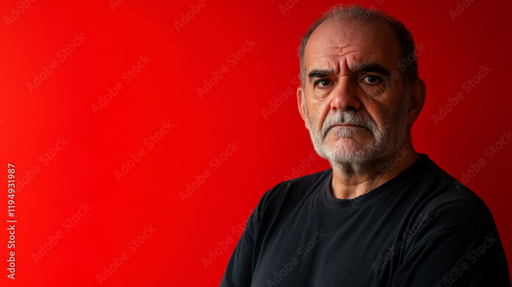 Frowning man in front of bright red background during daytime Frowning man in front of bright red background during daytime