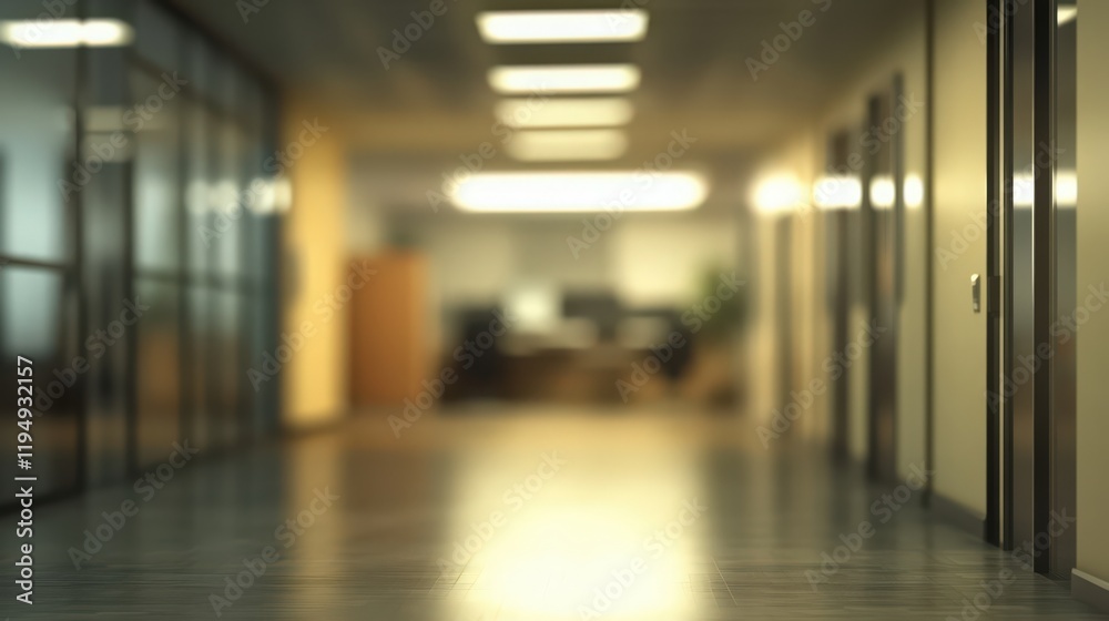 Blurred office hallway with glass doors and long bright ceiling lights modern design Blurred office hallway with glass doors and long bright ceiling lights modern design