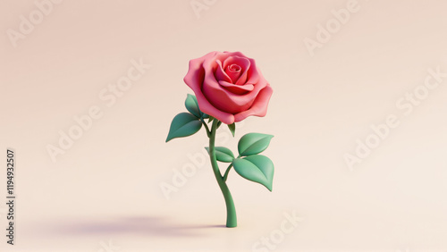 Elegant pink rose with green leaves set against a simple neutral background