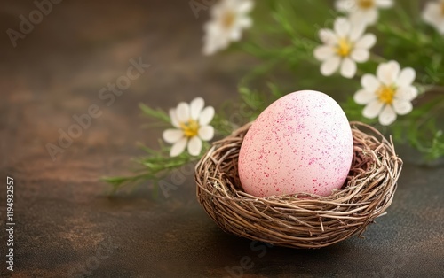 A delicate pink egg nestled in a floral nest decorates a table, symbolizing renewal and the joy of Easter celebrations.