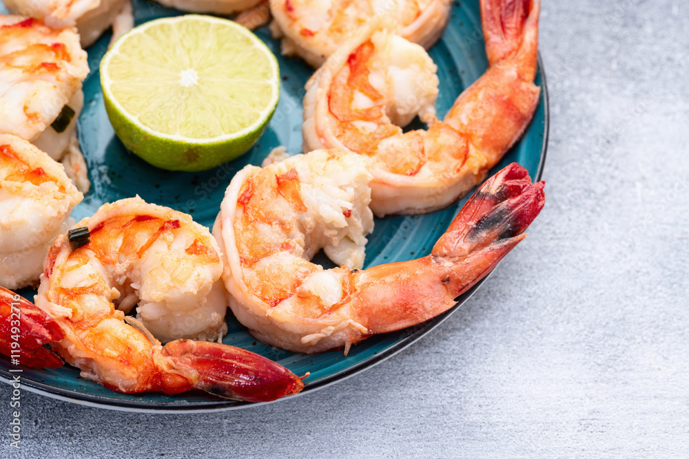 Grilled Tiger shrimps with lime photography . Top view Grilled Tiger shrimps with lime photography . Top view