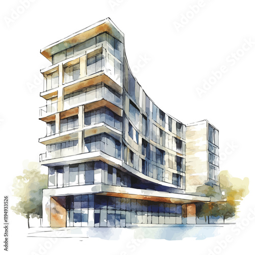 A watercolor painting representing contemporary architecture, isolated on a white background. Contemporary architecture vector.
