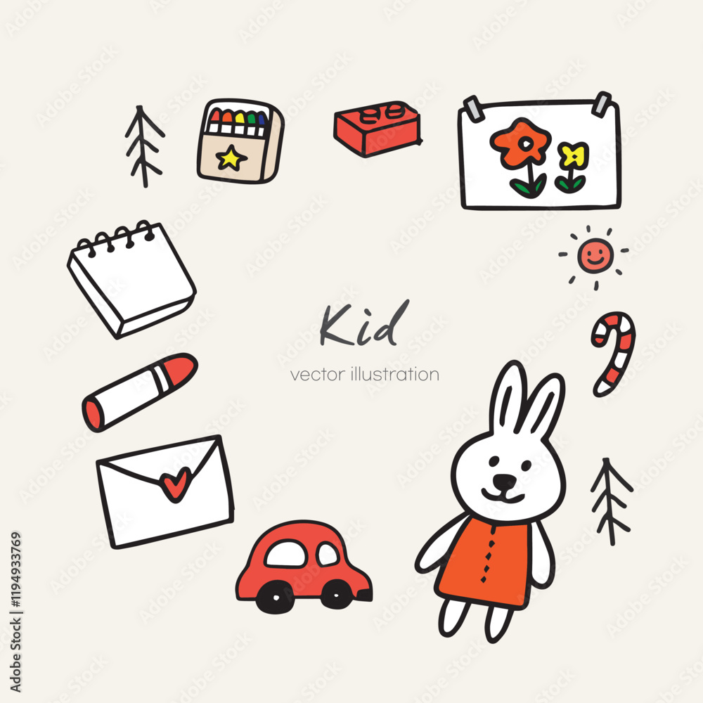 Illustration elements such as cute rabbit dolls, crayons and more related to children. Hand-drawn vector elements. Illustration elements such as cute rabbit dolls, crayons and more related to children. Hand-drawn vector elements.