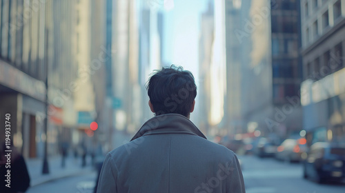 Man in coat walking alone on empty city street. Represents urban solitude, contemplation, and life journey metaphors.