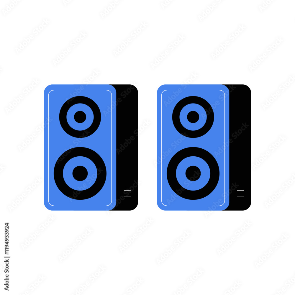 Pair Of Blue Speakers In Flat Vector Illustration Symbolizing Sound, Music, And Audio Equipment, Isolated On White Background. Pair Of Blue Speakers In Flat Vector Illustration Symbolizing Sound, Music, And Audio Equipment, Isolated On White Background.