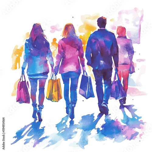 A watercolor clipart depicting consumer goods and branding, isolated on a white background. Consumer culture vector.
