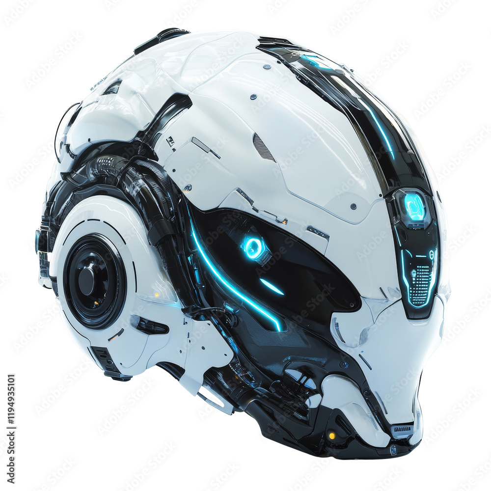 A detailed rendering of a futuristic robotic helmet showcasing advanced technological design elements in white and black with blue neon accents. A detailed rendering of a futuristic robotic helmet showcasing advanced technological design elements in white and black with blue neon accents.