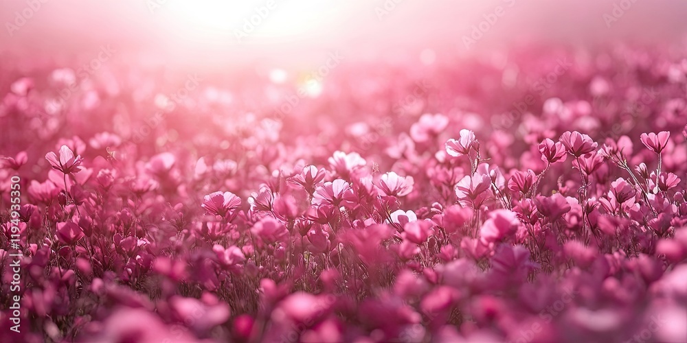 Obraz premium Vibrant pink flower field with soft focus and ample space for text in the upper area, gentle sunlight creating a warm atmosphere.