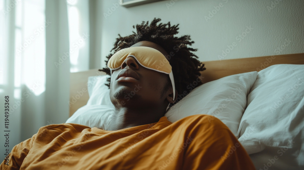 Obraz premium Resting comfortably with a sleep mask while taking a break in a calm bedroom environment