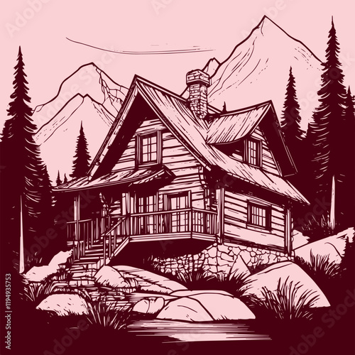 Wood cabin in the mountains vector illustration