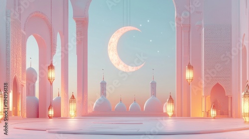 Serene Ramadan Night: A Digital Depiction of Islamic Architecture under a Crescent Moon