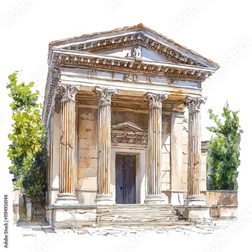 A watercolor of a classical architectural landscape, isolated on a white background. Classical architecture vector.
