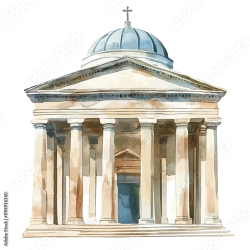 A watercolor of a classical architectural landscape, isolated on a white background. Classical architecture vector.

