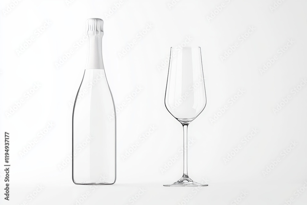 Empty Champagne Bottle and a Clear Wine Glass, Representing Elegance and Celebration Empty Champagne Bottle and a Clear Wine Glass, Representing Elegance and Celebration