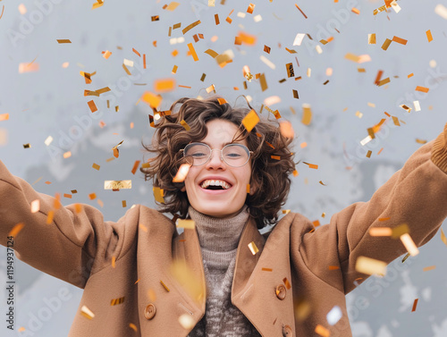A person in a chocolate brown outfit throws gold and brown confetti into the air, their joyful expression frozen mid-action