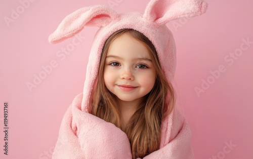 A young girl dressed as a pink bunny is cozily wrapped in a matching pink blanket, embodying the playful spirit of Easter celebrations. photo