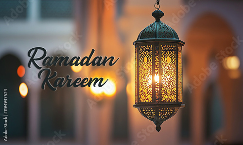 Ramadan Kareem greeting, with beautiful lantern on the background