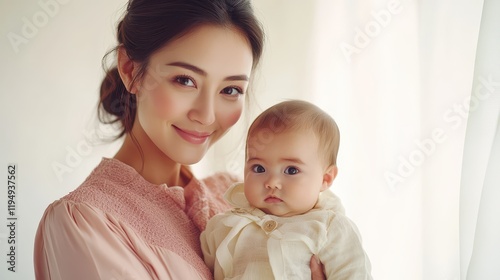 In a softly lit room, a radiant mother lovingly cradles her newborn, embodying warmth and affection during a precious moment of pure connection