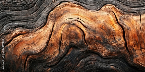 Textured close-up of an aged tree trunk with swirling patterns in rich browns and oranges, set against a dark wooden background.