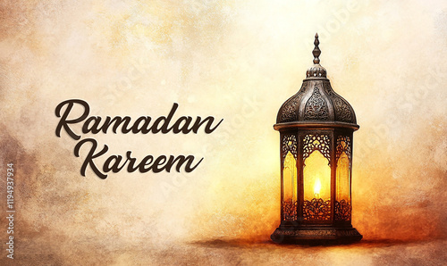 Ramadan Kareem greeting, with beautiful lantern on the background