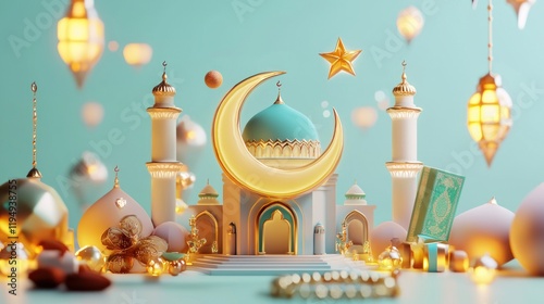 Eid Mubarak! Festive 3D Render of a Mosque with Crescent Moon, Star, and Lanterns photo