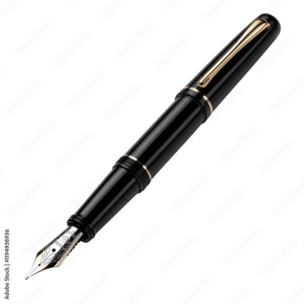 A sophisticated black fountain pen with gold accents is displayed against a black background, showcasing its elegant design and high-quality craftsmanship. A sophisticated black fountain pen with gold accents is displayed against a black background, showcasing its elegant design and high-quality craftsmanship.