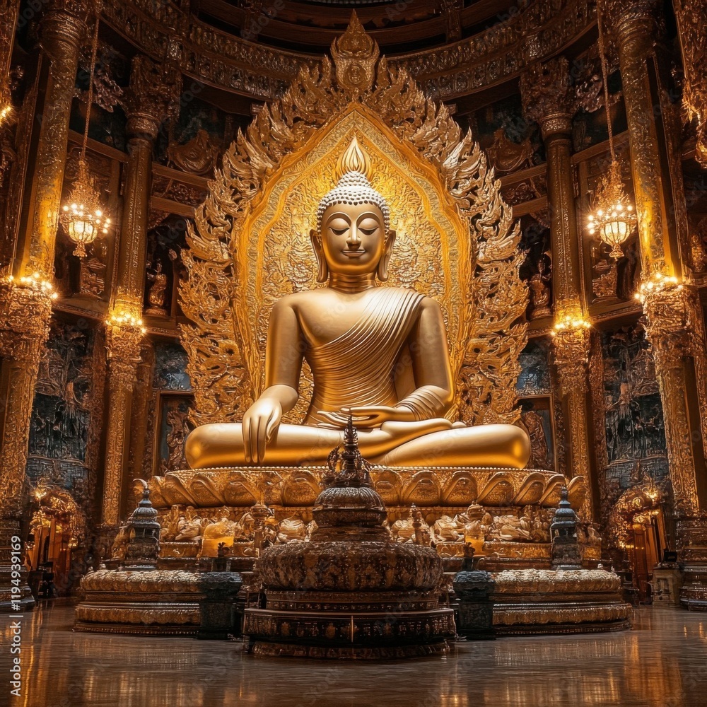 Golden Buddha Statue in Ornate Temple Setting Golden Buddha Statue in Ornate Temple Setting