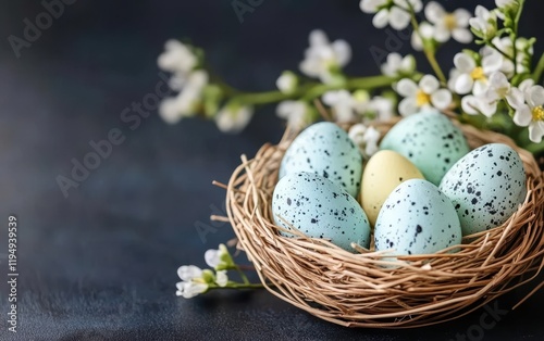 Four decorated eggs nestled in a floral arrangement on a table, symbolizing the essence of Easter celebrations with vibrant colors and natural beauty.
