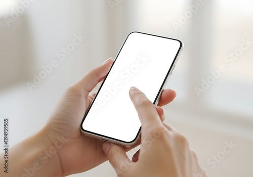 Woman hand holding using touch mobile phone white screen mockup Back view
 photo