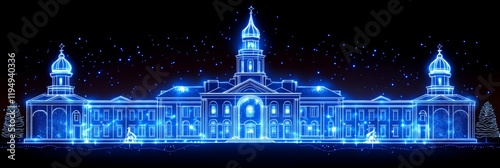 Blue Outline of Famous University Building in Digital Network Style on Dark Background
