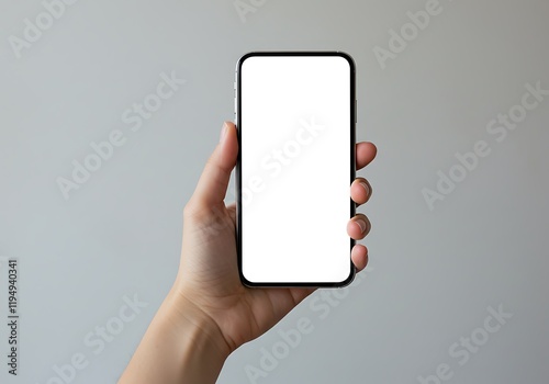 Woman hand holding using touch mobile phone white screen mockup Back view
