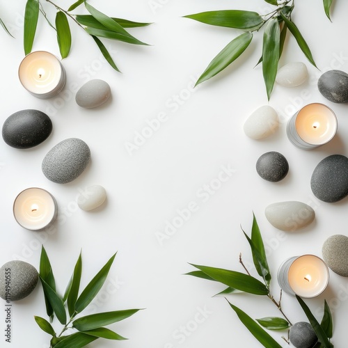 Zen Arrangement of Smooth Pebbles and Bamboo Leaves with Candles Minimalist Setup Tranquil Environment Top photo