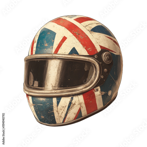 A digitally painted image showcases a vintage motorcycle helmet adorned with a weathered British flag design. photo