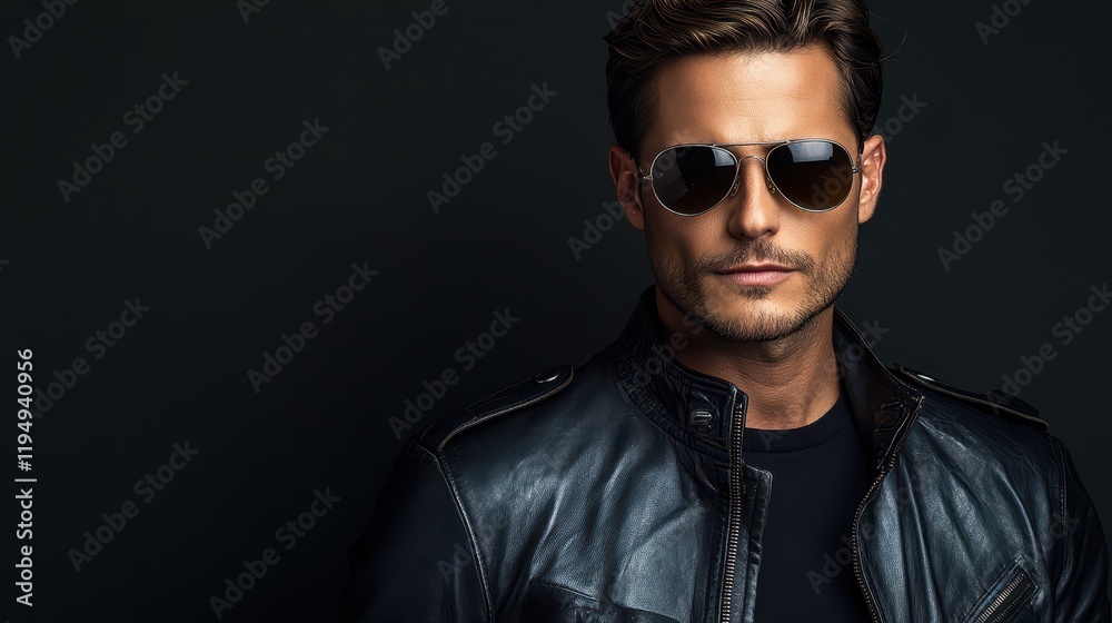 A dapper man exudes confidence as he poses against a dark urban backdrop, sporting a trendy leather jacket and sleek aviator sunglasses during the evening hours A dapper man exudes confidence as he poses against a dark urban backdrop, sporting a trendy leather jacket and sleek aviator sunglasses during the evening hours
