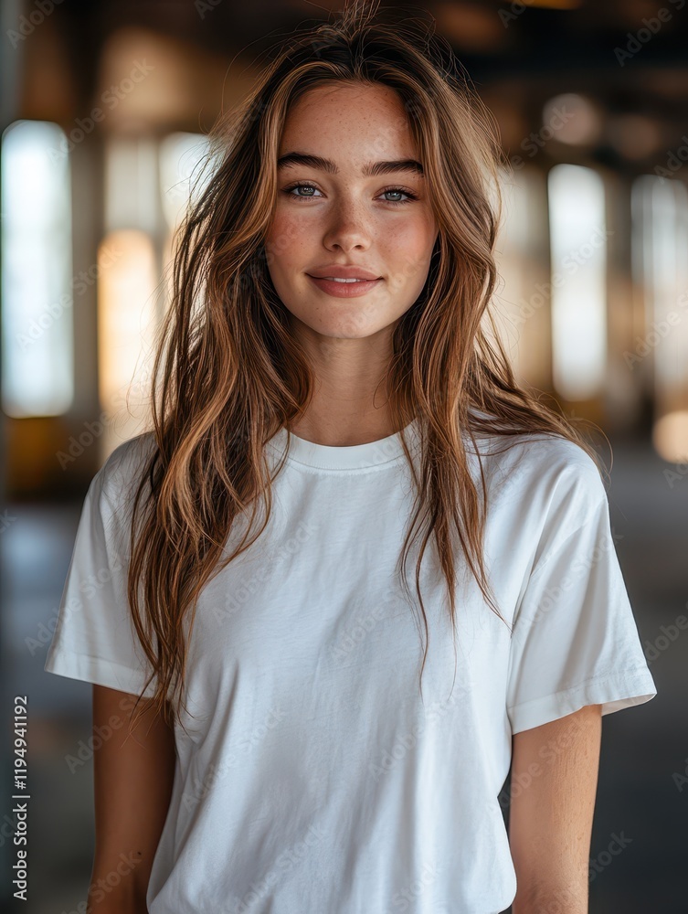 Young athletic person wearing a white t-shirt in a bright indoor setting, showcasing a casual and fresh style perfect for active lifestyles Young athletic person wearing a white t-shirt in a bright indoor setting, showcasing a casual and fresh style perfect for active lifestyles